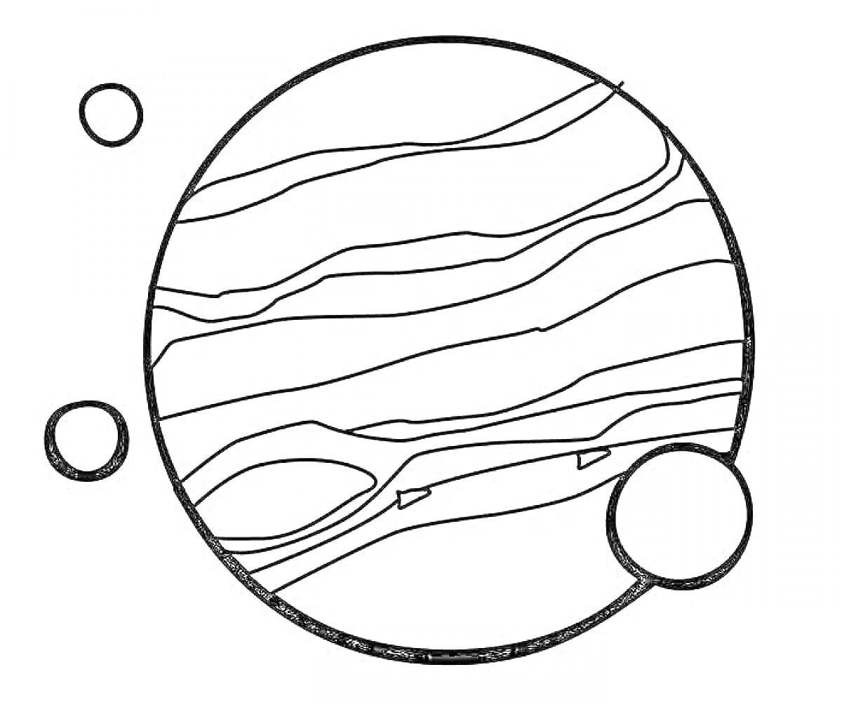 На раскраске изображено: Юпитер, Космос, Полосы, Спутники, Солнечная система, Астрономия