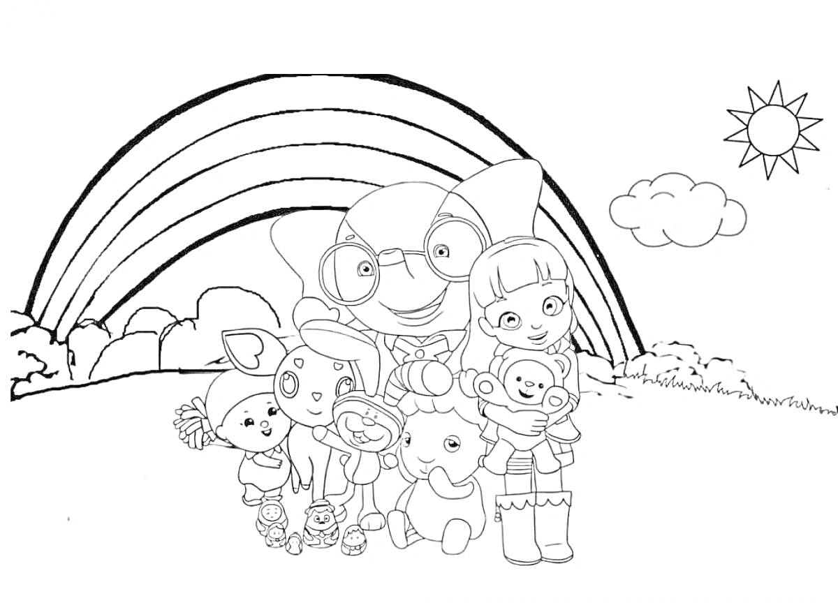 На раскраске изображено: Друзья, Игрушки, Поляна, Облака, Природа, Для детей, Мальчик, Радуги, Солнце