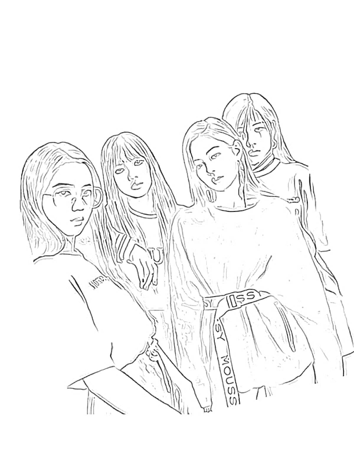 Раскраска Четыре девушки в футболках