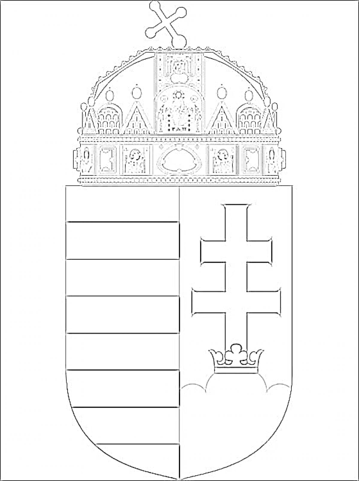 Раскраска Герб Венгрии с короной, крестом и полосами