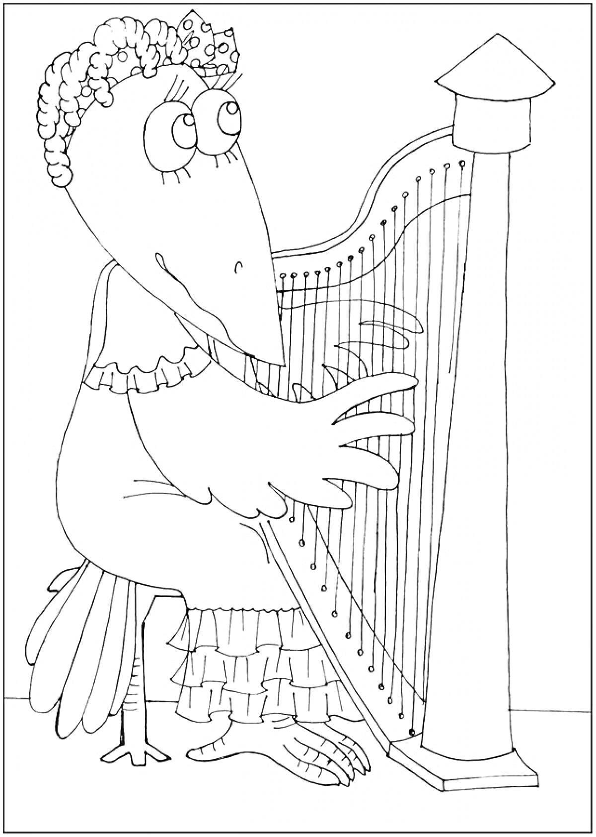 На раскраске изображено: Ворона, Арфа, Музыкальный инструмент, Платье, Корона, Мультяшный персонаж