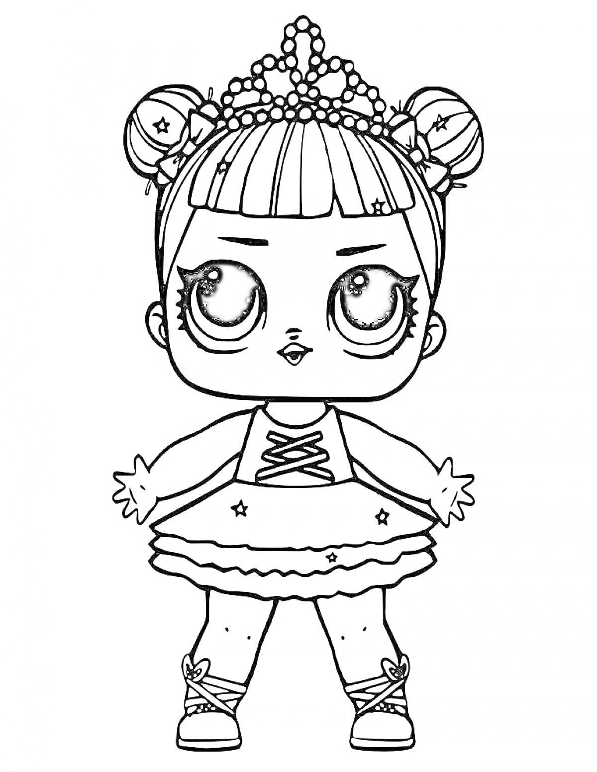 Раскраска Девочка ЛОЛ в тиаре с игрушечной палочкой, в платье с юбкой и кроссовках
