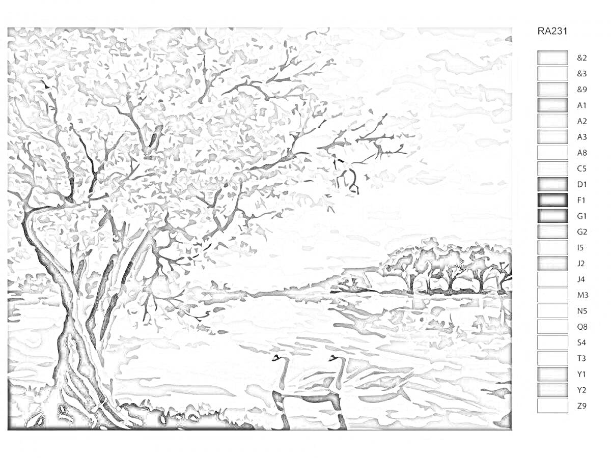 Раскраска Пейзаж с деревом и лебедями на озере
