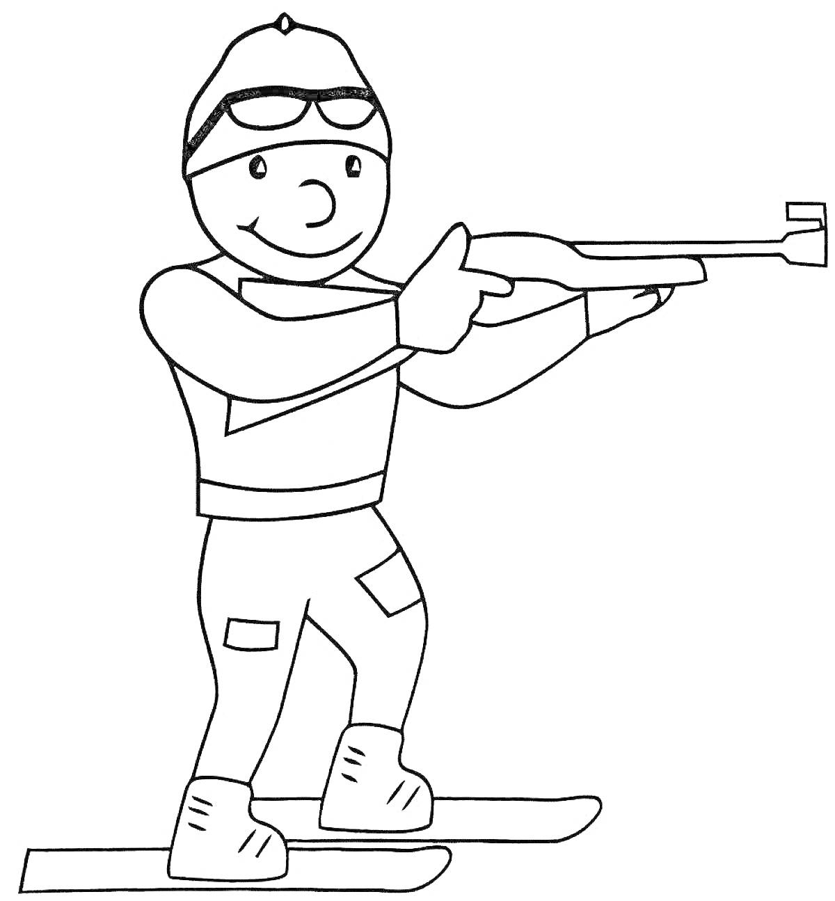 Раскраска Лыжный биатлон для детей (лыжник в очках и шапке стреляет из винтовки)