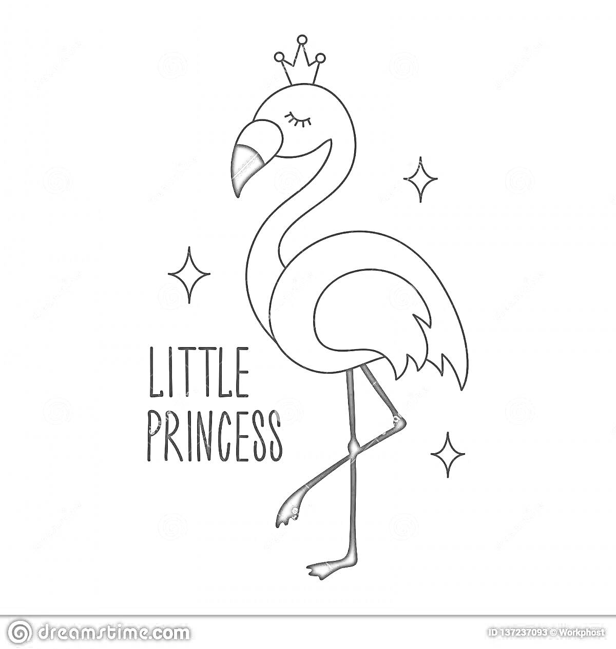 На раскраске изображено: Фламинго, Корона, Звезды, Принцесса, Для девочек