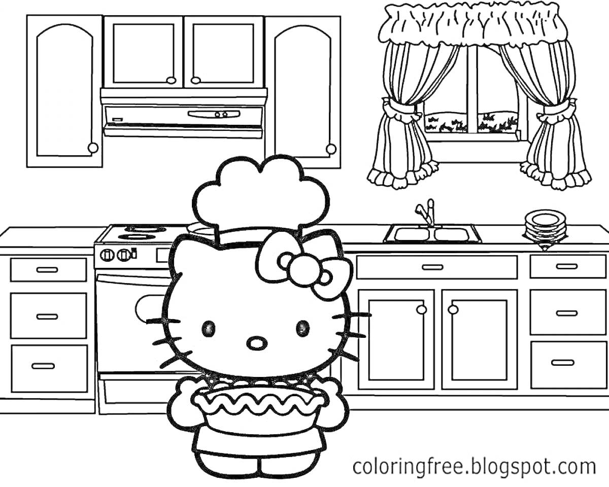 Раскраска Кухня с Hello Kitty, печка, шкафы, окно с занавесками, раковина, тарелки, форма для выпечки, тюль на окне