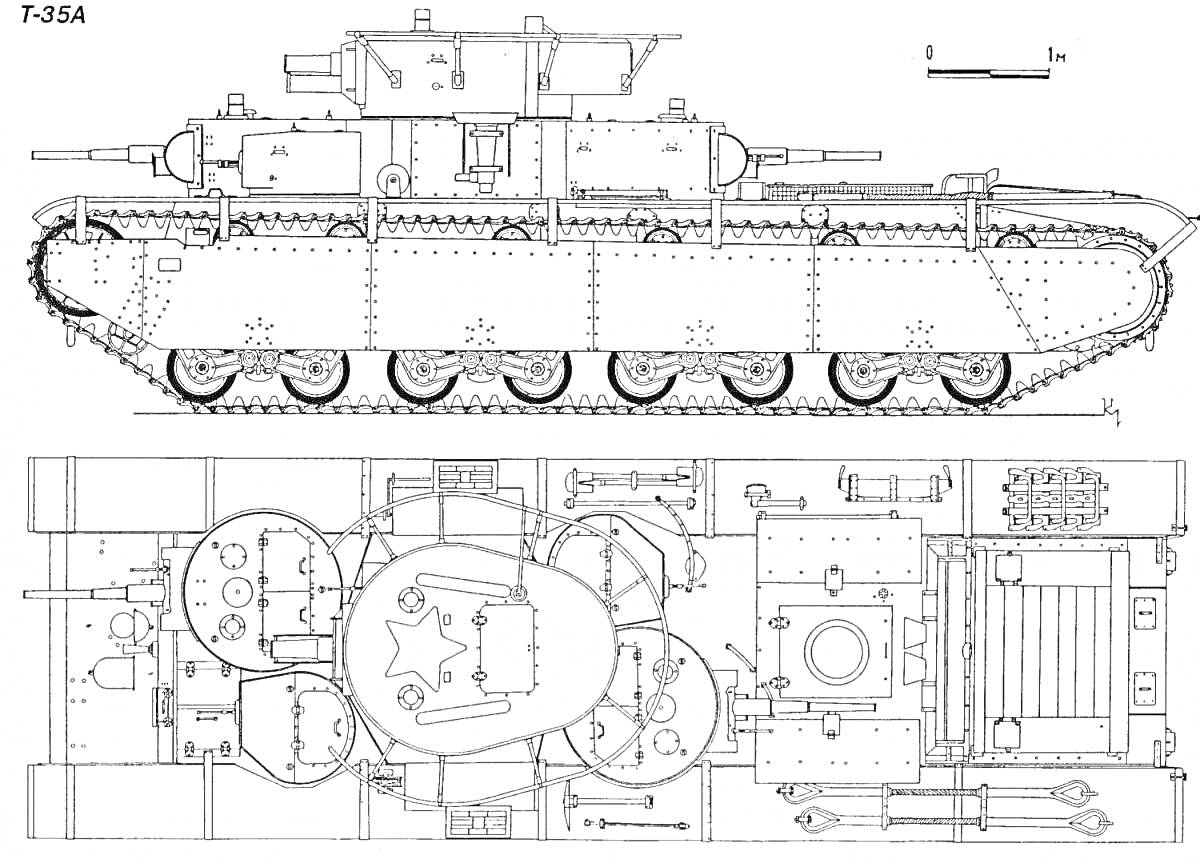 T-35A с видом сбоку и сверху, включающий детали корпуса, башни, гусениц, двигателя и других элементов структуры танка.