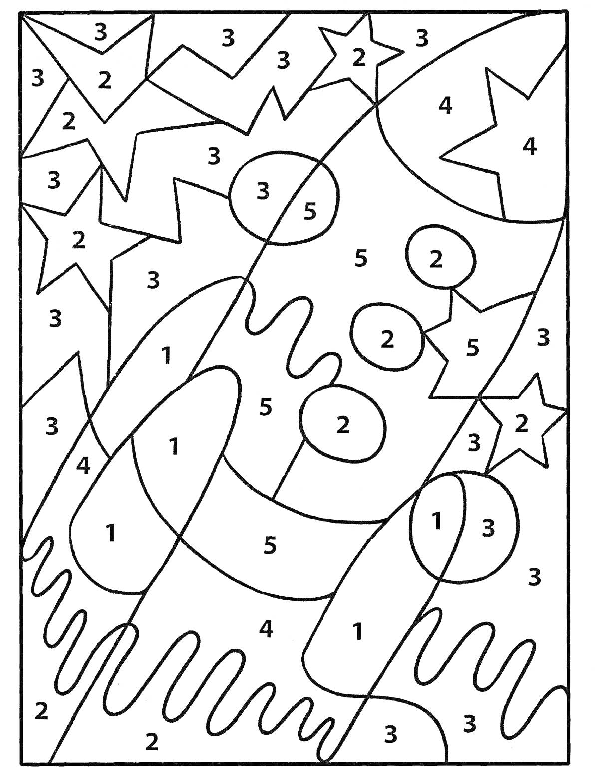 На раскраске изображено: По номерам, Ракета, Звезды, Космос, Астронавт, Для детей
