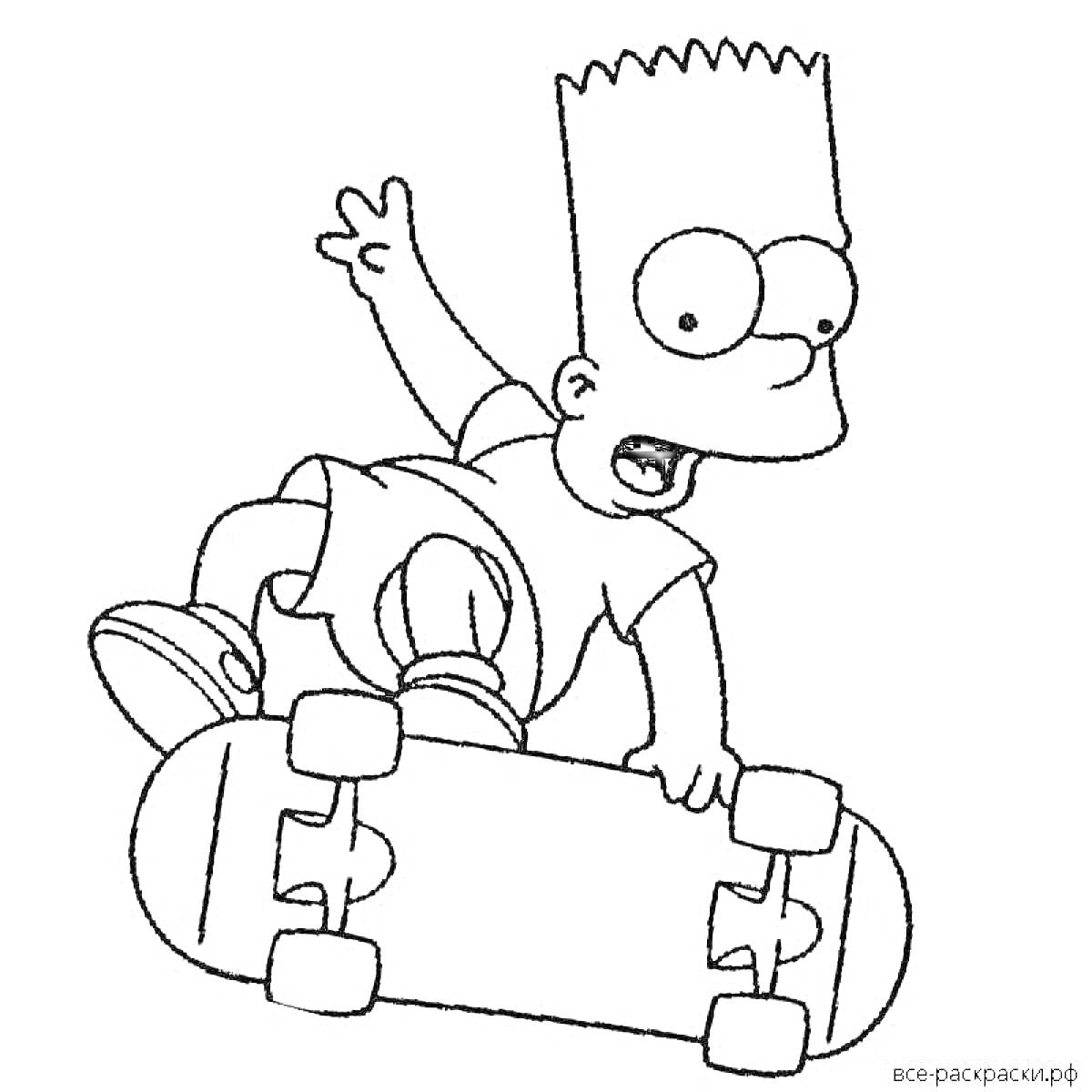 На раскраске изображено: Барт Симпсон, Скейтборд, Мультипликационный персонаж, Скейтбордист