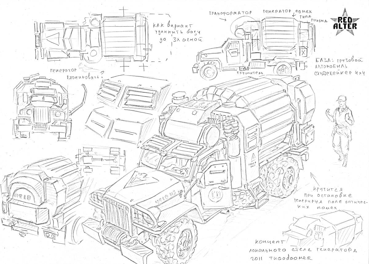 Грузовой автомобиль в стиле постапокалипсиса, включая проектные наброски с различных углов, элементы автоматического оружия на крыше, броневые щиты, варианты конструкций передней решетки радиатора, маленькая фигура человека для масштаба