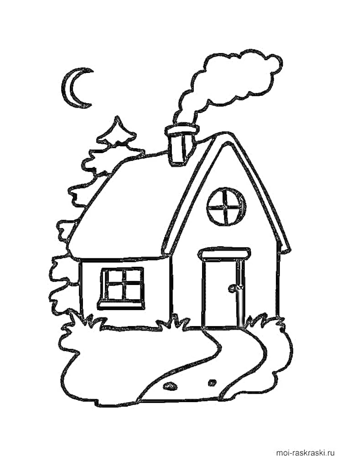 На раскраске изображено: Дом, Труба, Луна, Дверь, Дорожка, Дым, Крыша, Ночь, Окна, Деревья