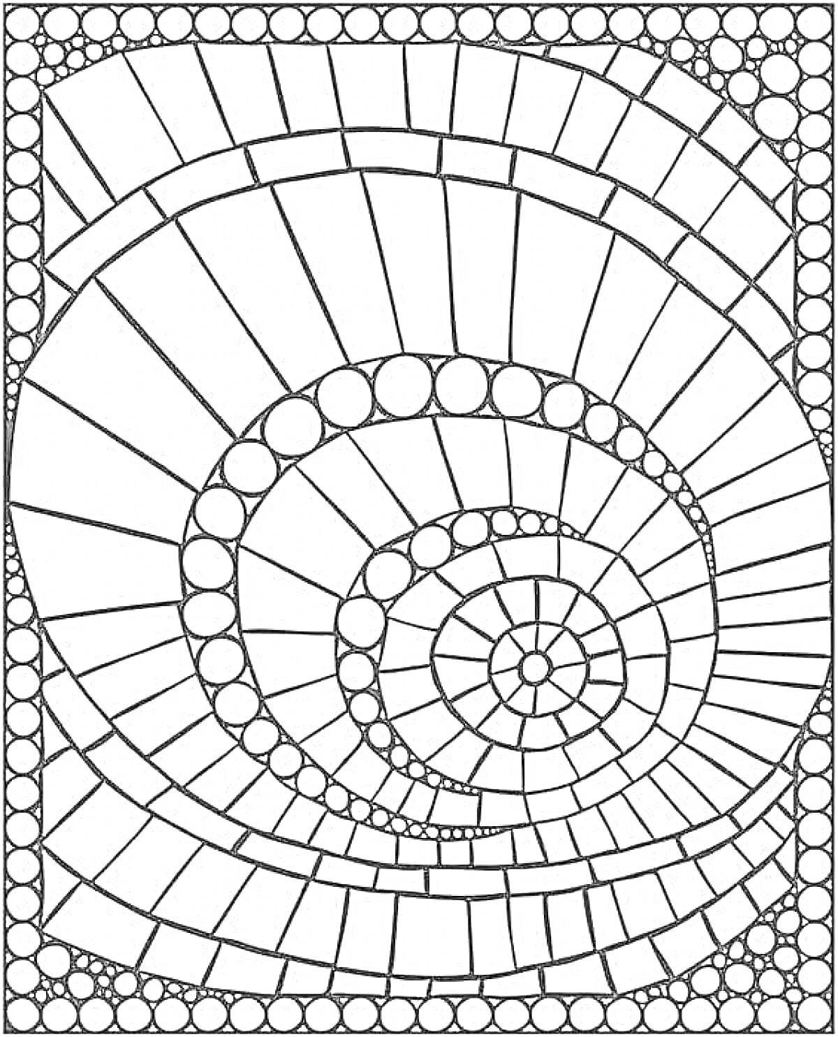 На раскраске изображено: Мозаика, Спираль, Круги, Прямоугольники, Геометрия