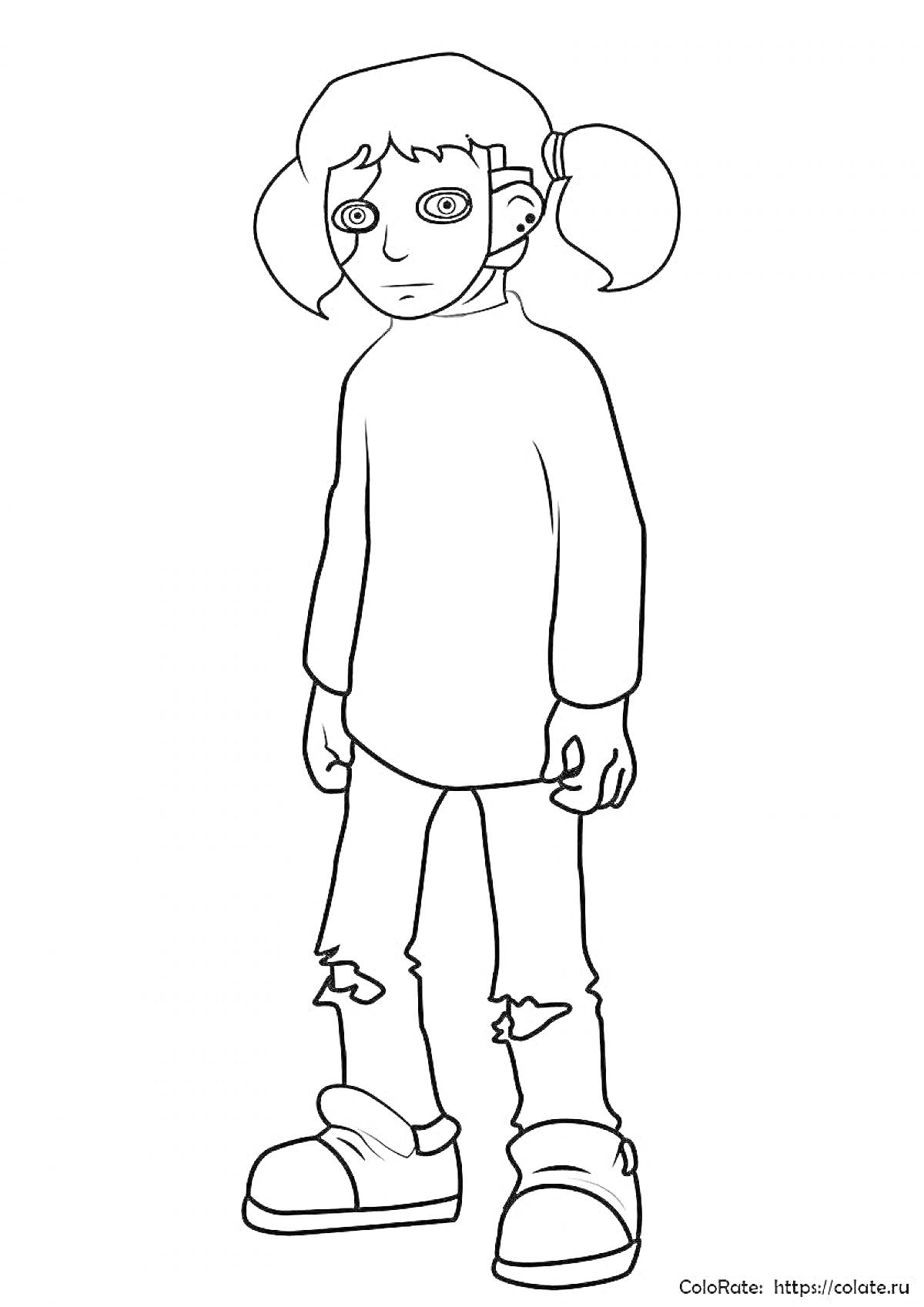 Раскраска Рисунок Салли Фейс в маске, с двумя хвостиками, в свитере и порванных джинсах, в кроссовках