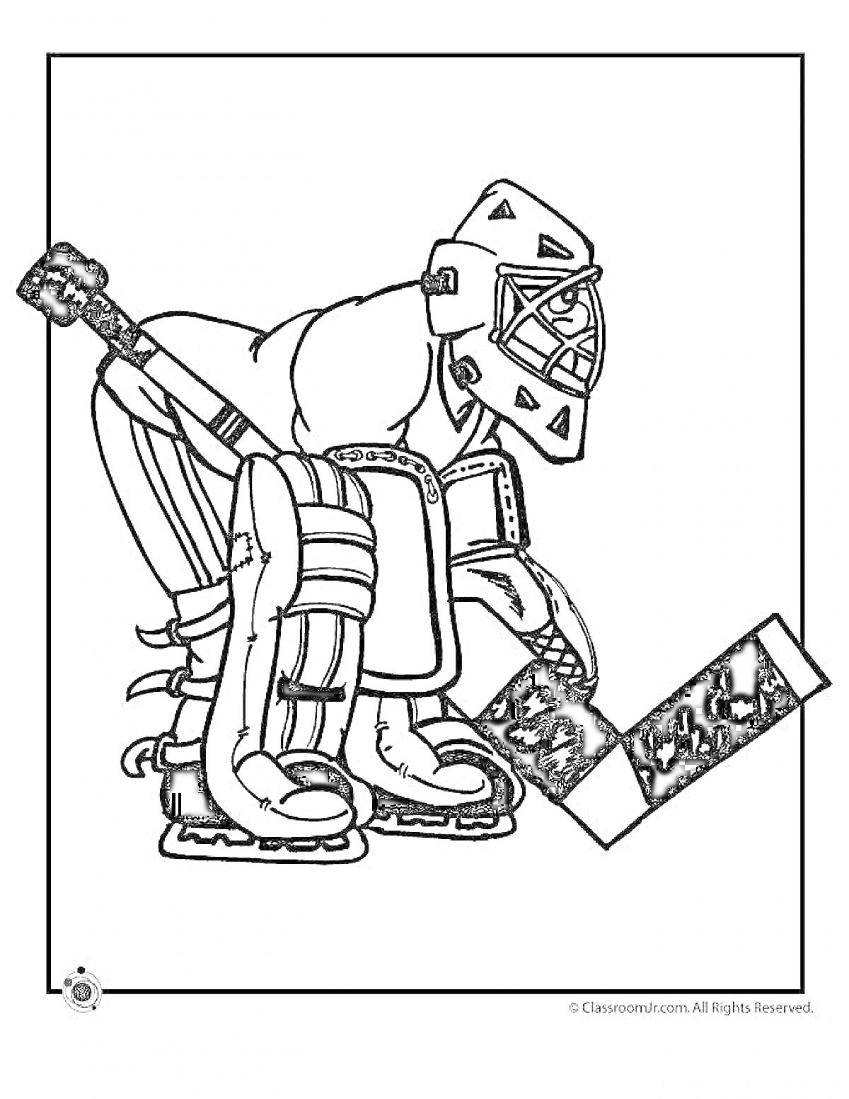 Раскраска Хоккейный вратарь в защитной форме с клюшкой