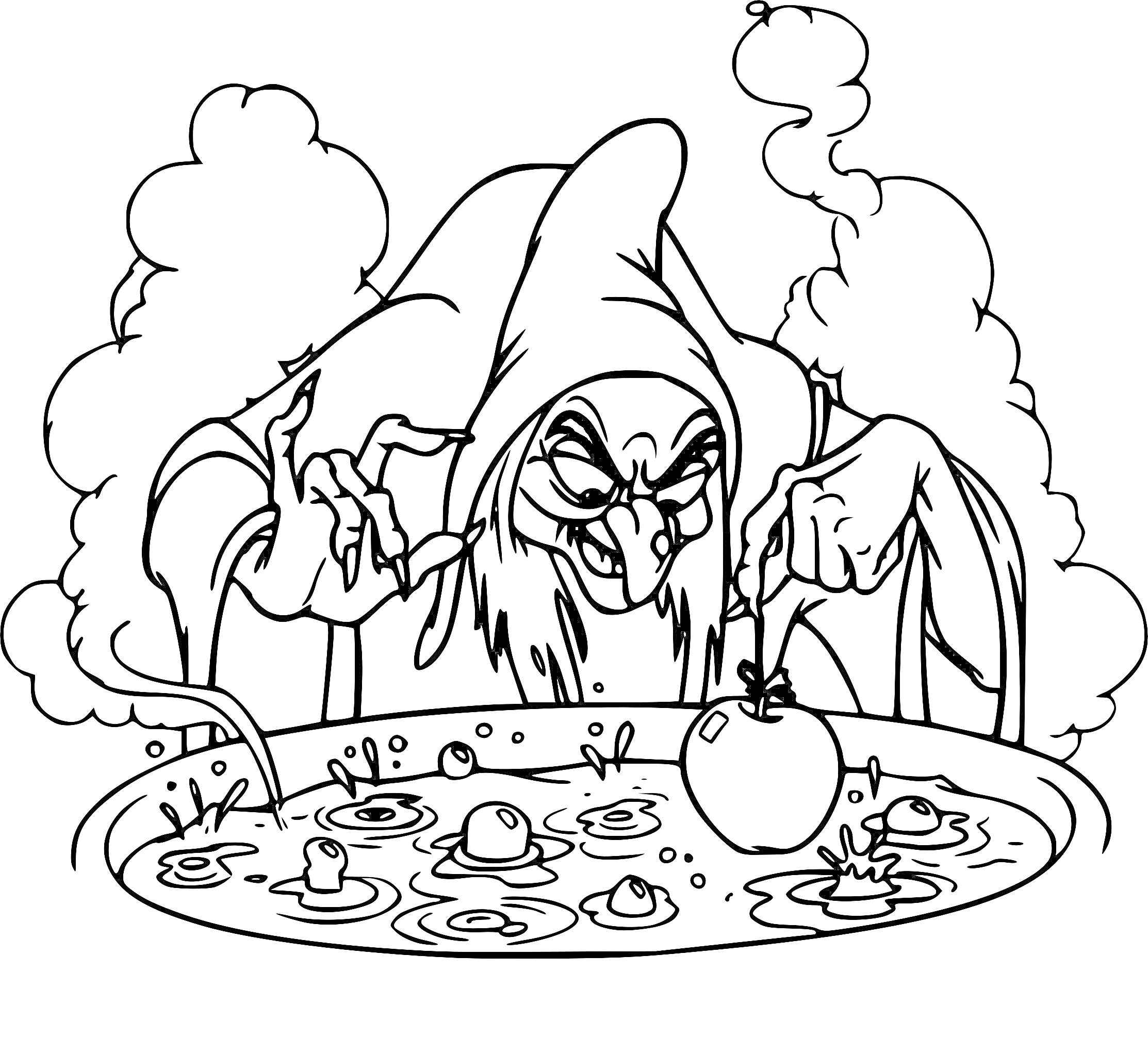 Раскраска Ведьма с капюшоном варит зелье с яблоком в котле