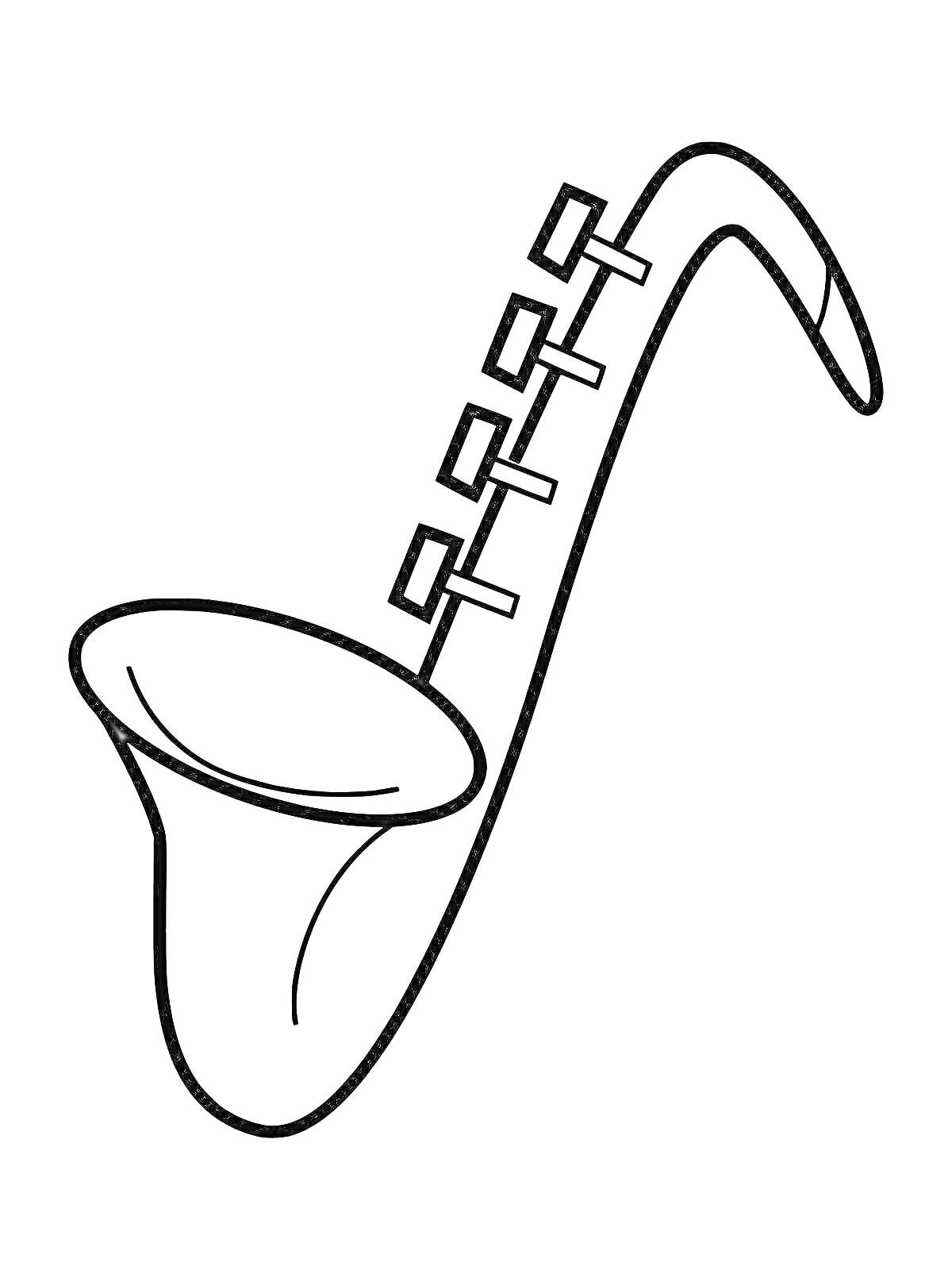 На раскраске изображено: Музыка, Музыкальный инструмент, Духовой инструмент, Саксофон