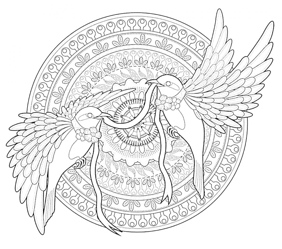 Раскраска Птицы с завязанными лентами на фоне орнамента