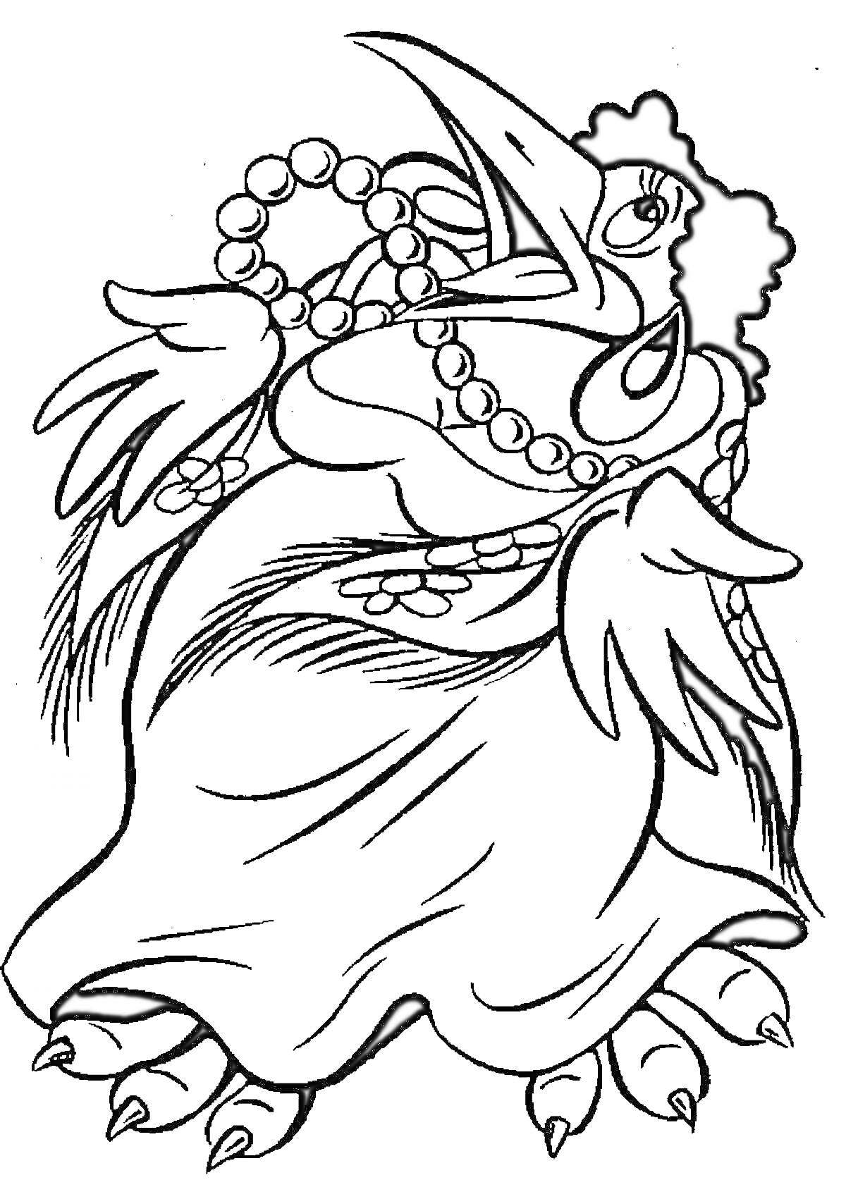 Раскраска Сорока в платье с бусами на шее и серьгой в ухе