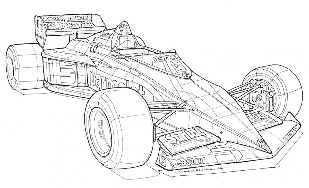 Раскраска Гоночный болид Формулы 1 с логотипами спонсоров