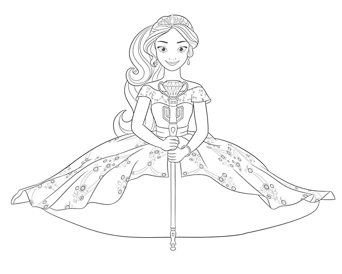 На раскраске изображено: Платье, Цветочный узор, Корона, Меч, Принцесса