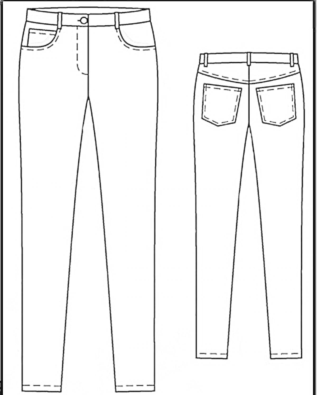 Раскраска Джинсы, вид спереди и сзади, с передними и задними карманами, поясные петли, застежка на пуговицу и молнию