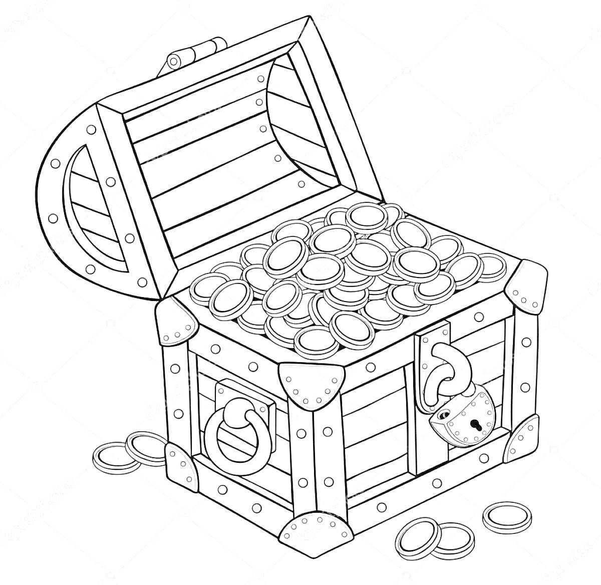 На раскраске изображено: Монеты, Клад, Деревянный сундук, Открытый сундук, Богатство, Пиратский сундук, Круги, Замок, Металл