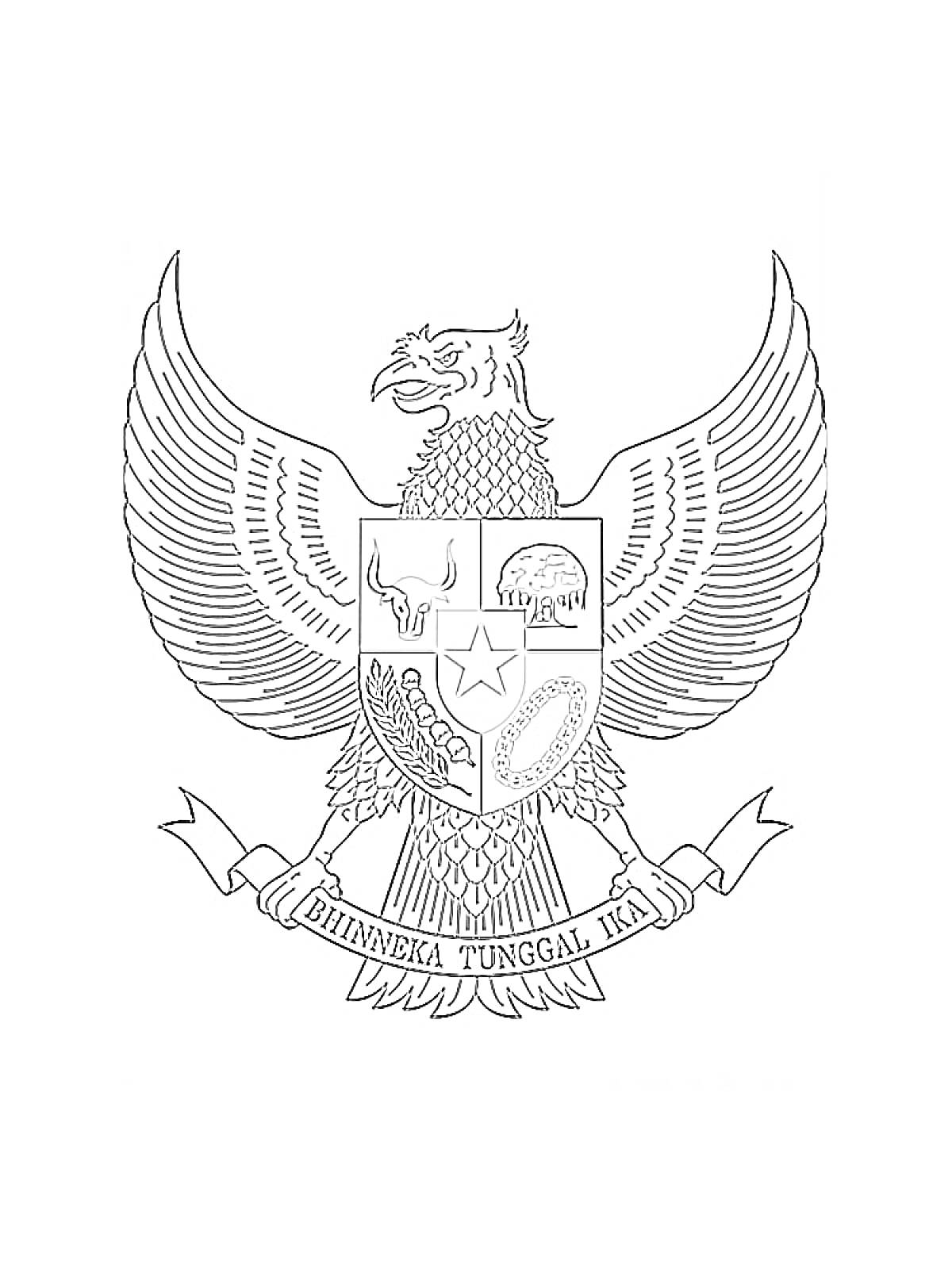 Раскраска Герб Индонезии (Garuda Pancasila). Орел с крыльями, щит с пятью символами (бык, дерево баньяна, звезда, цепь, рис и хлопок), лента с надписью 
