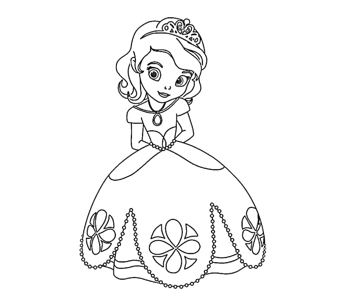 Раскраска Принцесса с серёжками и диадемой в пышном платье, украшенном узором в виде цветов и бусин