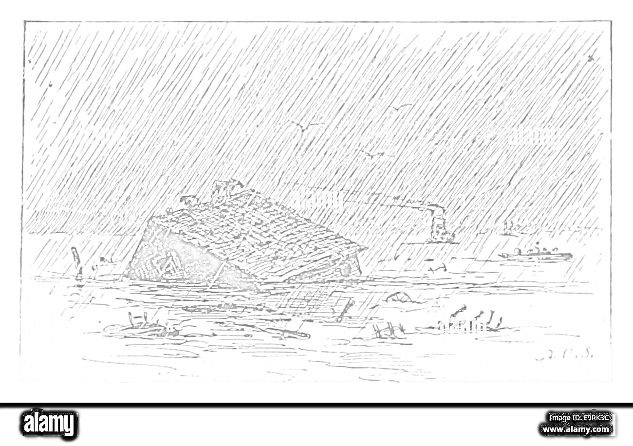 На раскраске изображено: Наводнение, Дождь, Кран, Лодка, Вода, Разрушения