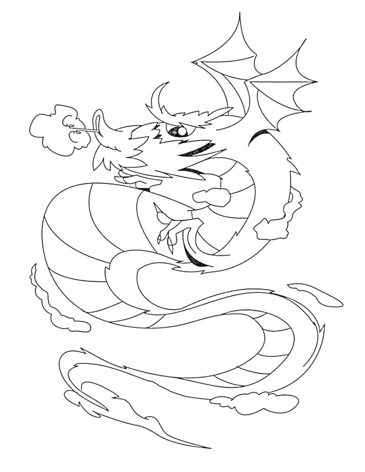 Раскраска Китайский дракон с крыльями, дышащий огнем