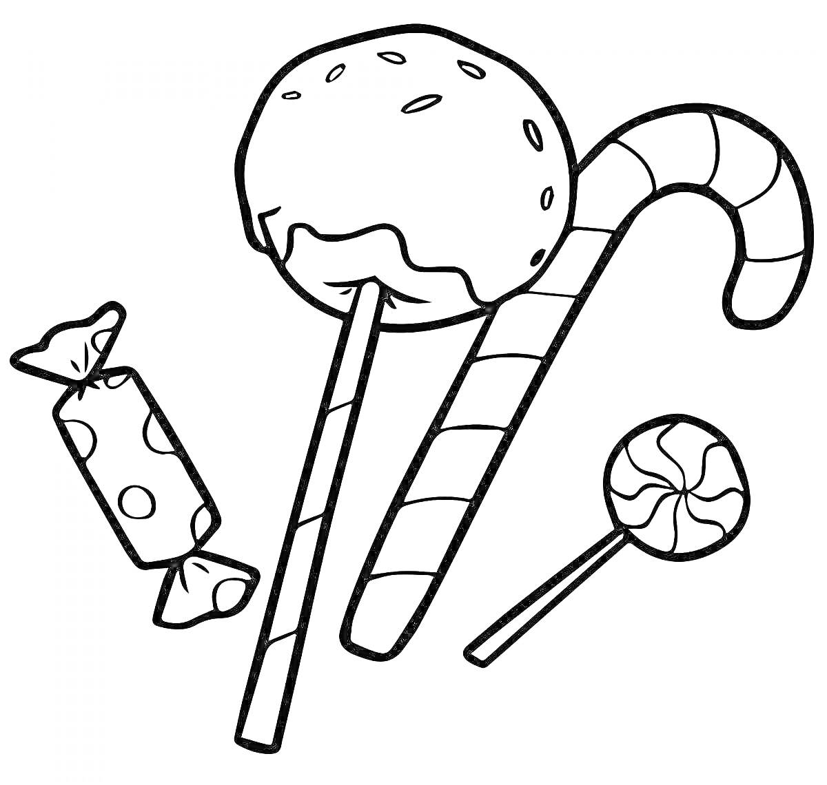 Раскраска Леденец, карамелька на палочке, тростниковая конфета, завёрнутая конфета
