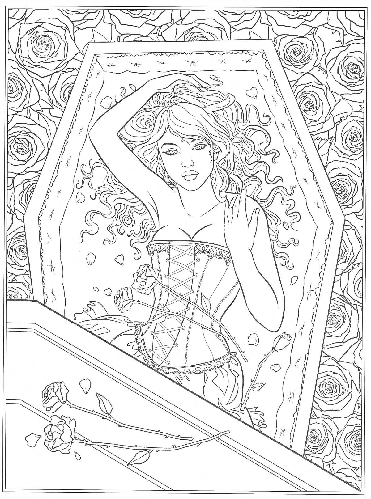 Раскраска Девушка в корсете в гробу на фоне роз