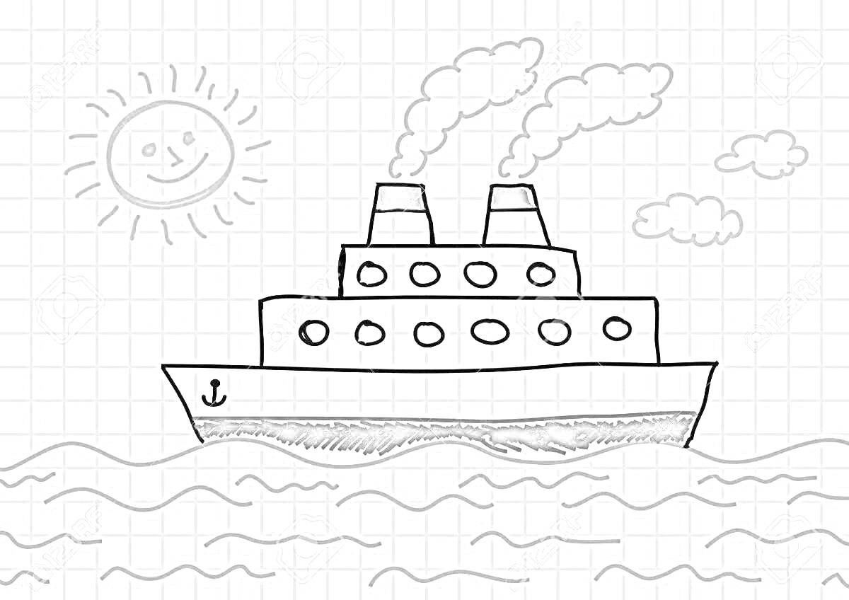 На раскраске изображено: Ледокол, Корабль, Море, Пароход, Солнце, Облака, Волны