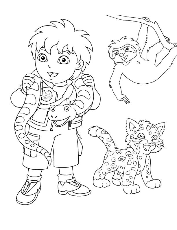 Раскраска Мальчик Диего с змеей, ягуаром и ленивцем на дереве
