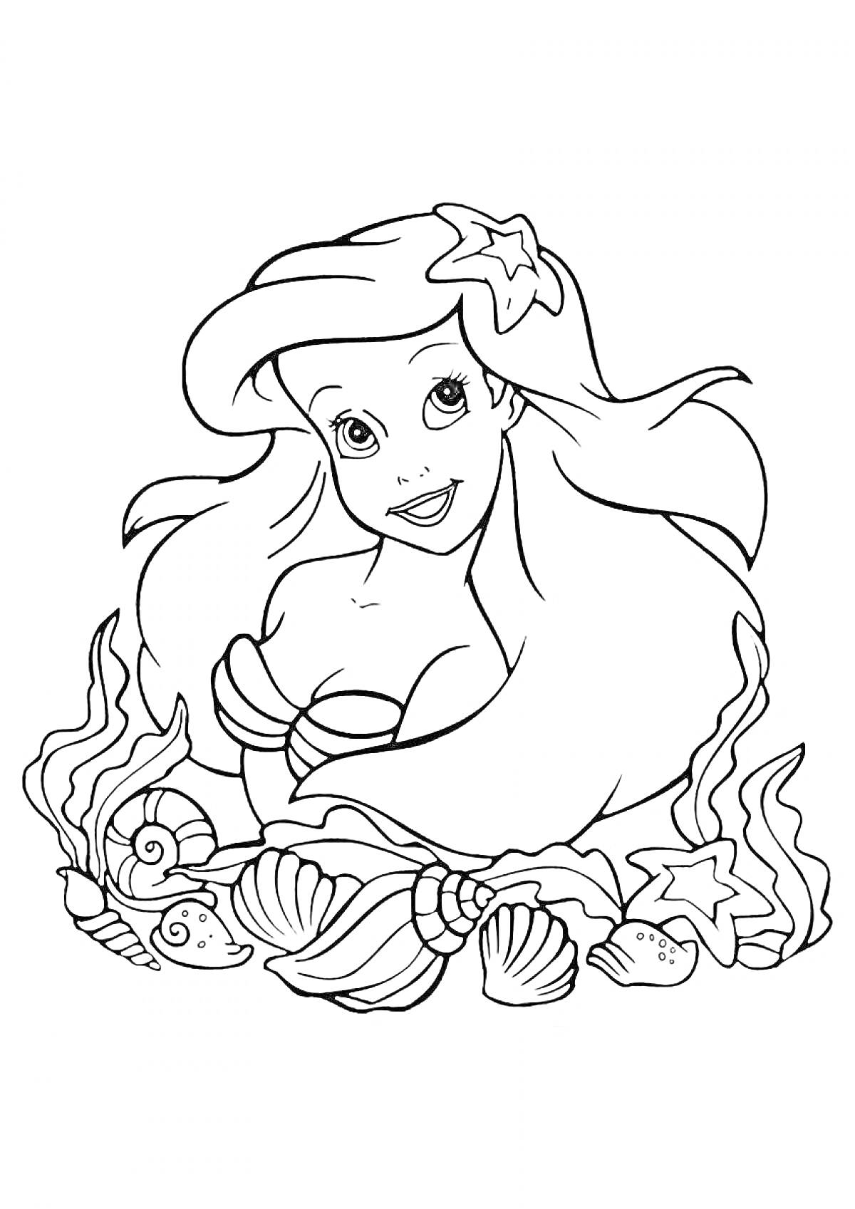 На раскраске изображено: Принцесса, Морские звезды, Волосы, Подводный мир