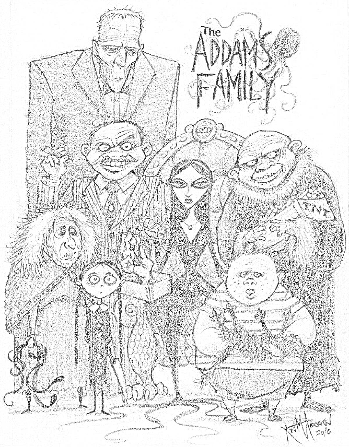 На раскраске изображено: Семья Адамс, Пожилой мужчина, Борода, Длинные волосы, Косички, Мальчик