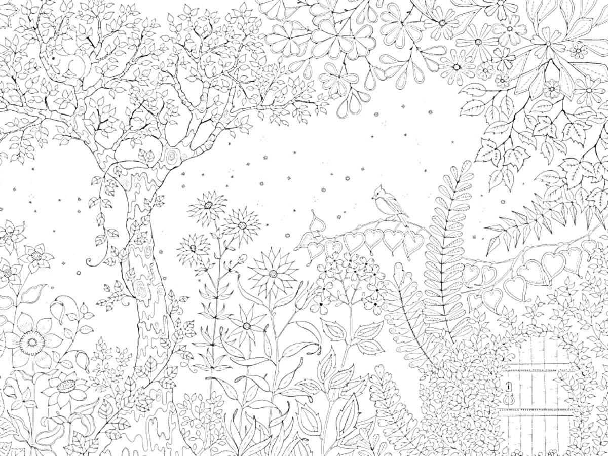 Раскраска Зачарованный лес с деревом, цветами, птицей и дверью