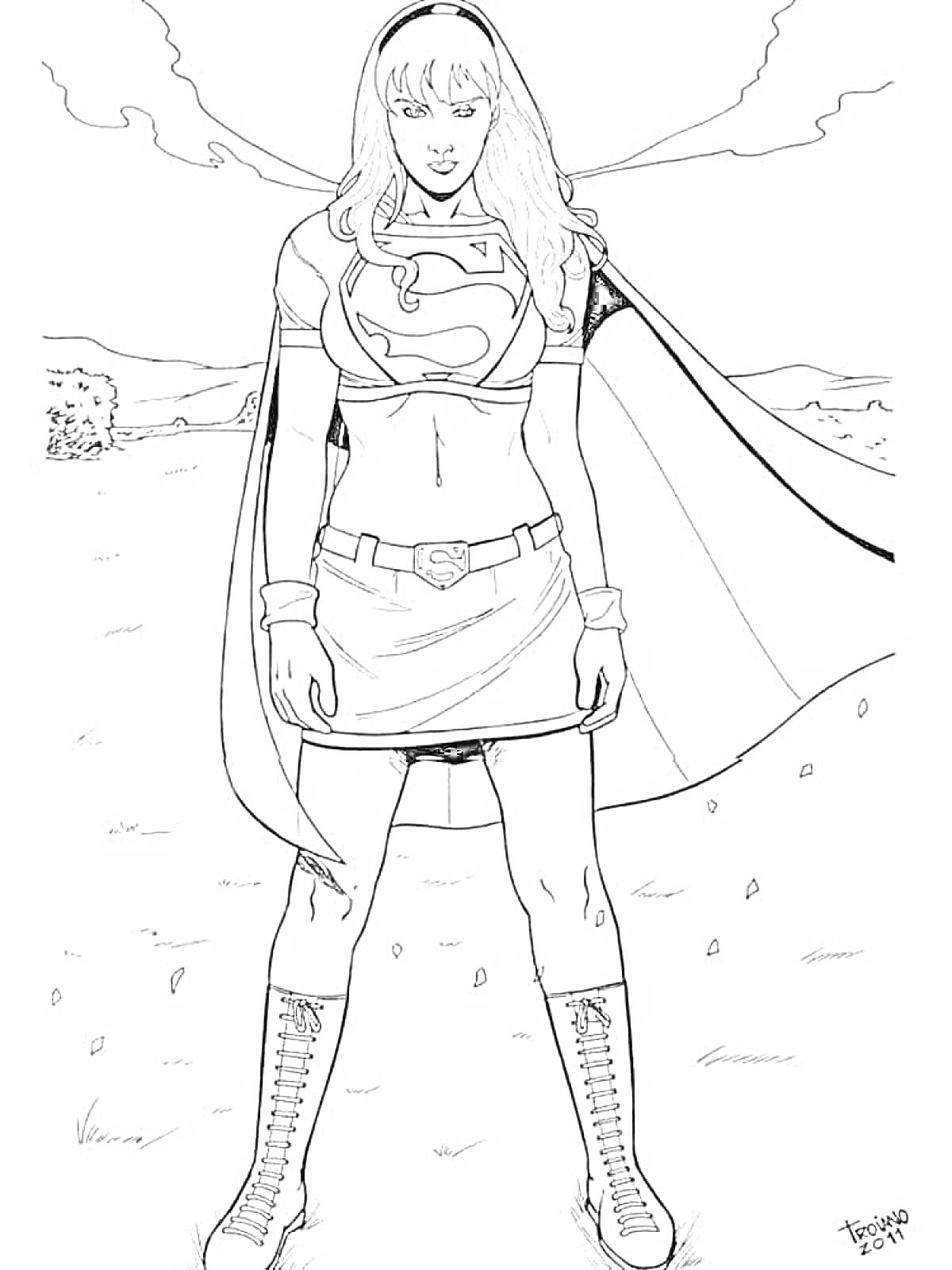 Супергерл сcape и эмблема Супермена на груди в поле