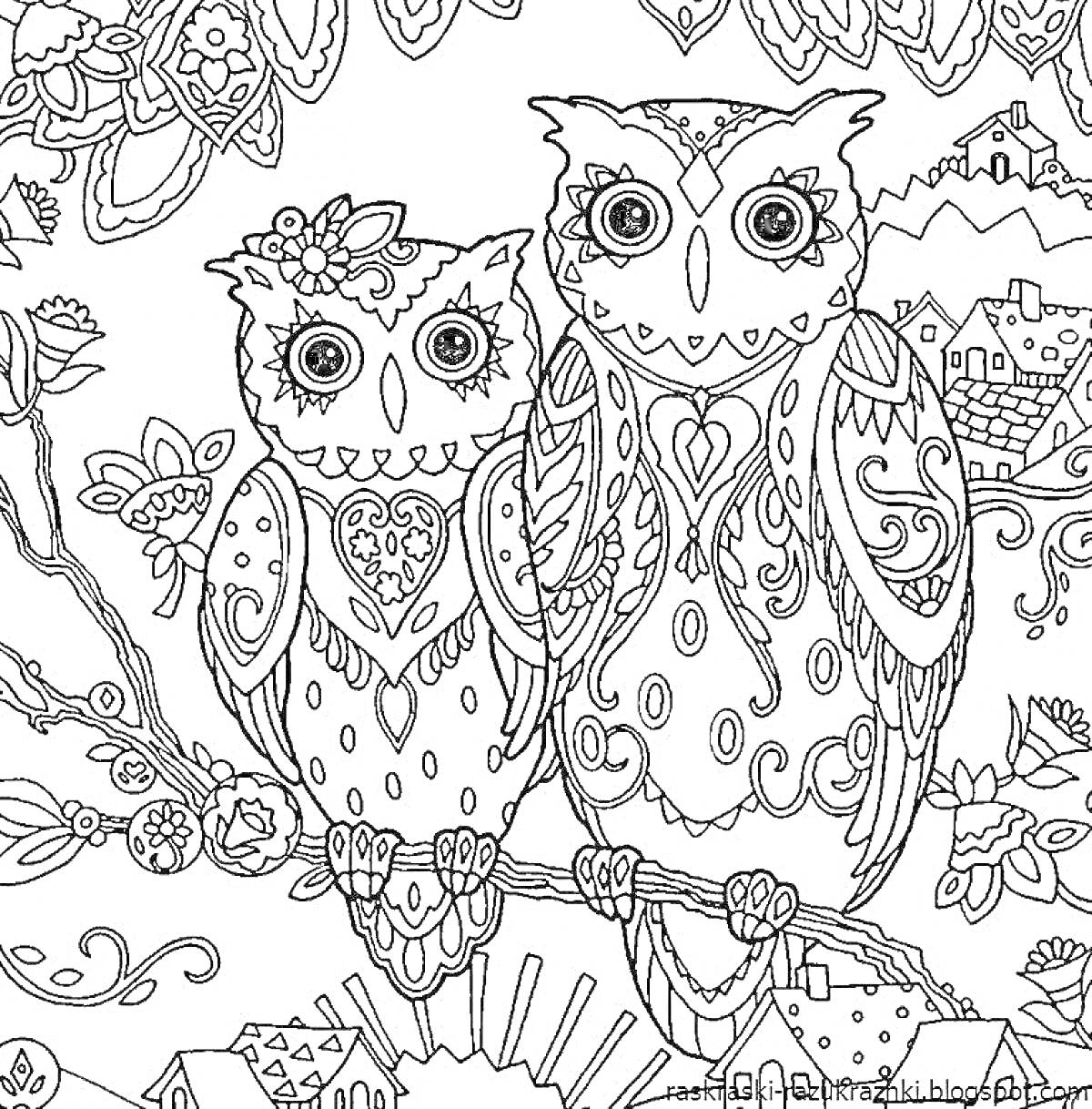 Раскраска Две совы на ветке в окружении узорчатых элементов и домиков