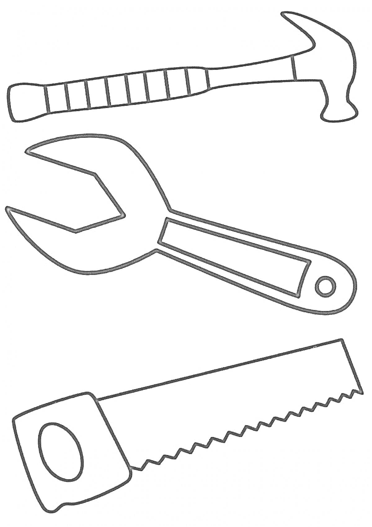 На раскраске изображено: Молоток, Гаечный ключ, Ножовка, Ремонт, Для детей