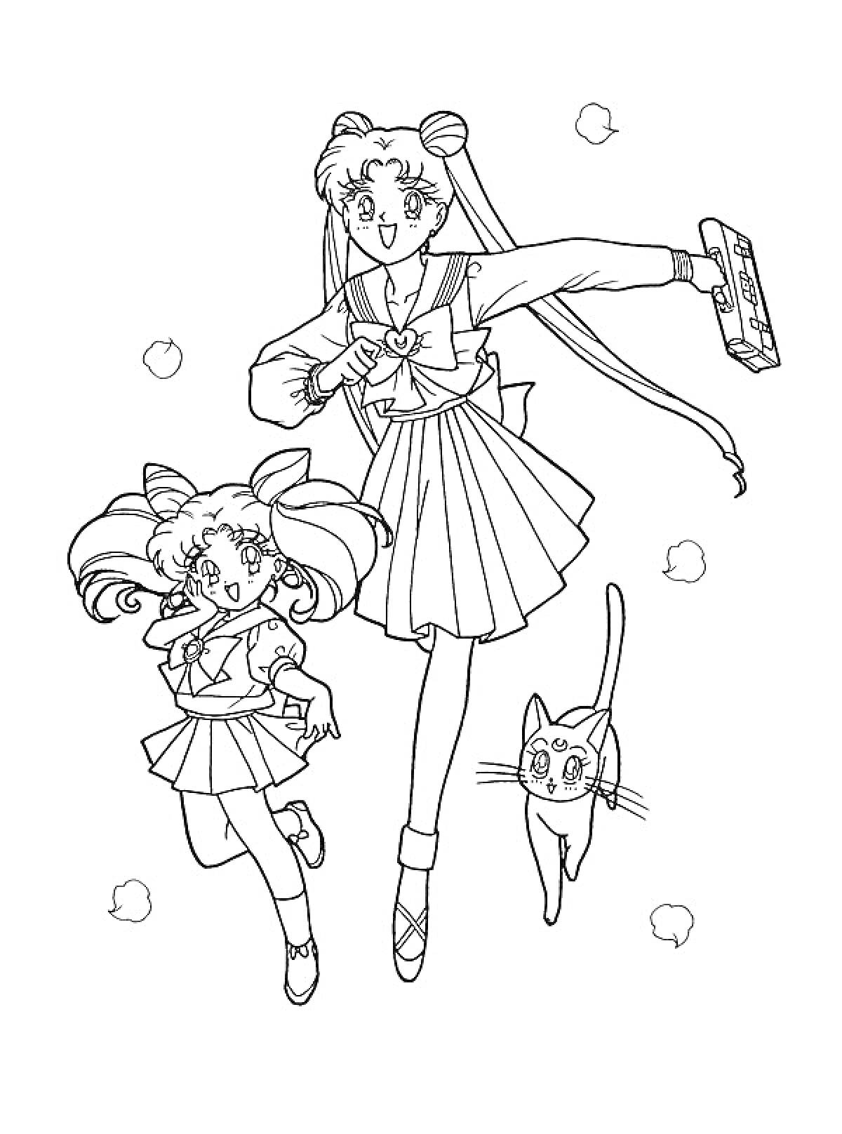 Девочка в школьной форме с волшебной палочкой, девочка в школьной форме с поднятыми руками, кошка, облака
