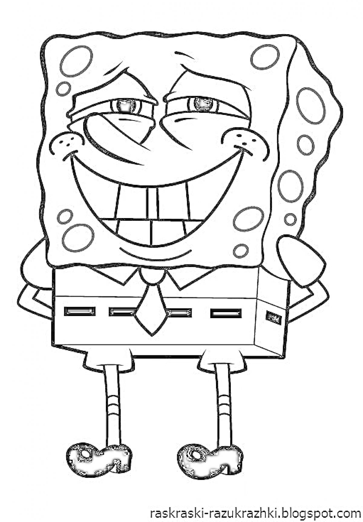 Раскраска Губка Боб с хитрой улыбкой, одет в рубашку с галстуком, с согнутыми руками и поднятыми руками