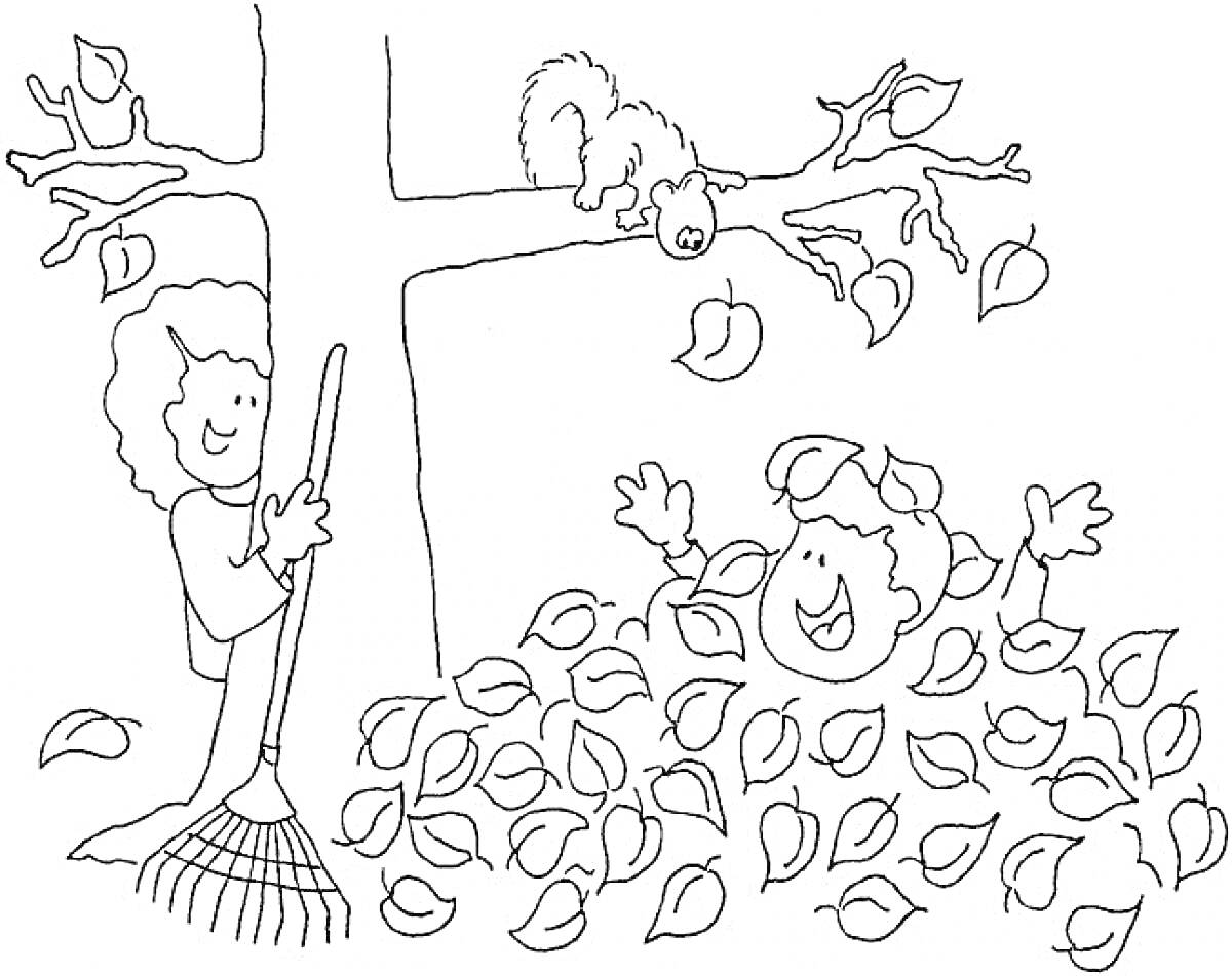 На раскраске изображено: Осень, Игра, Листья, Белка, Грабли, Природа, Радость, Для детей, Деревья