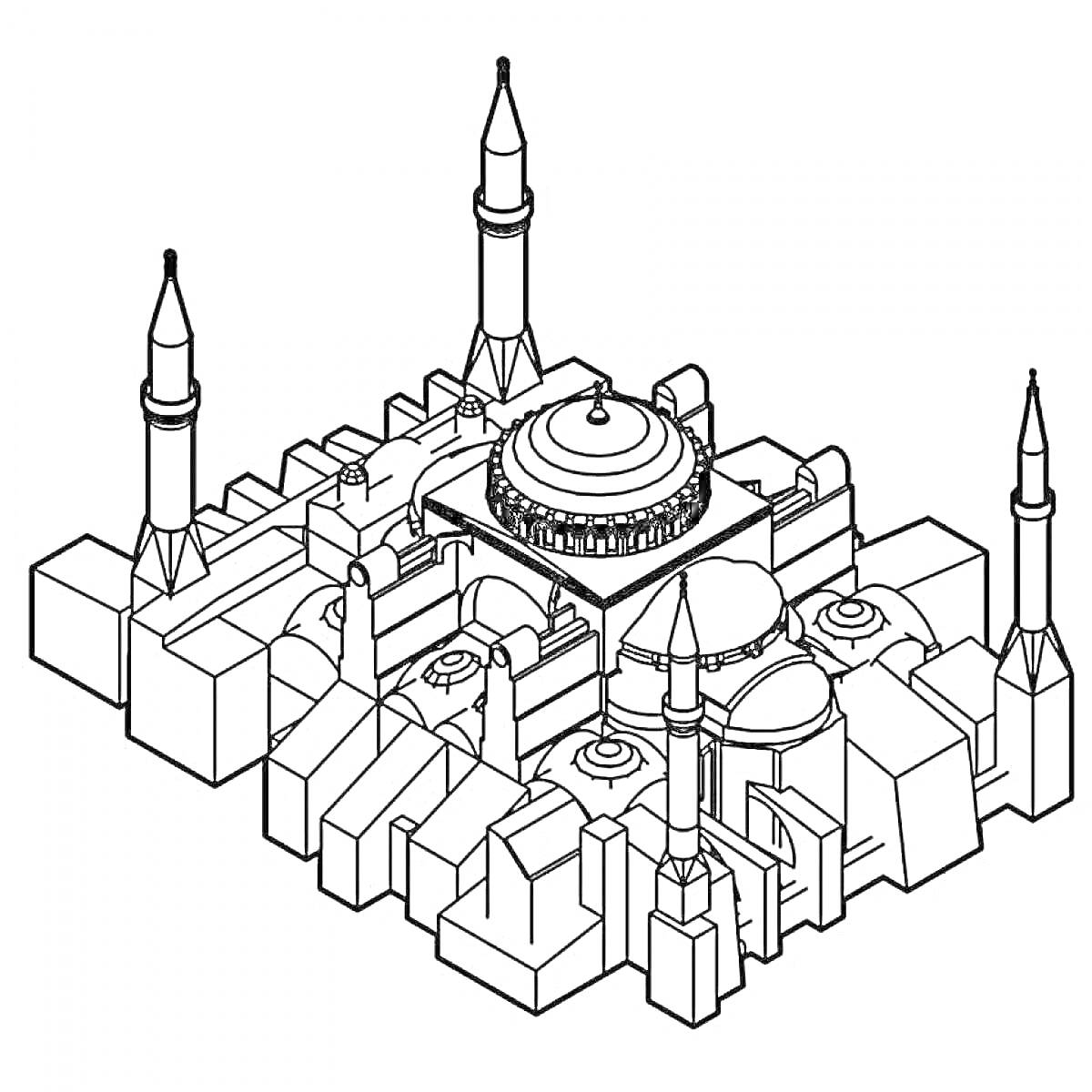 Раскраска Рисунок архитектурного комплекса с минаретами и куполами