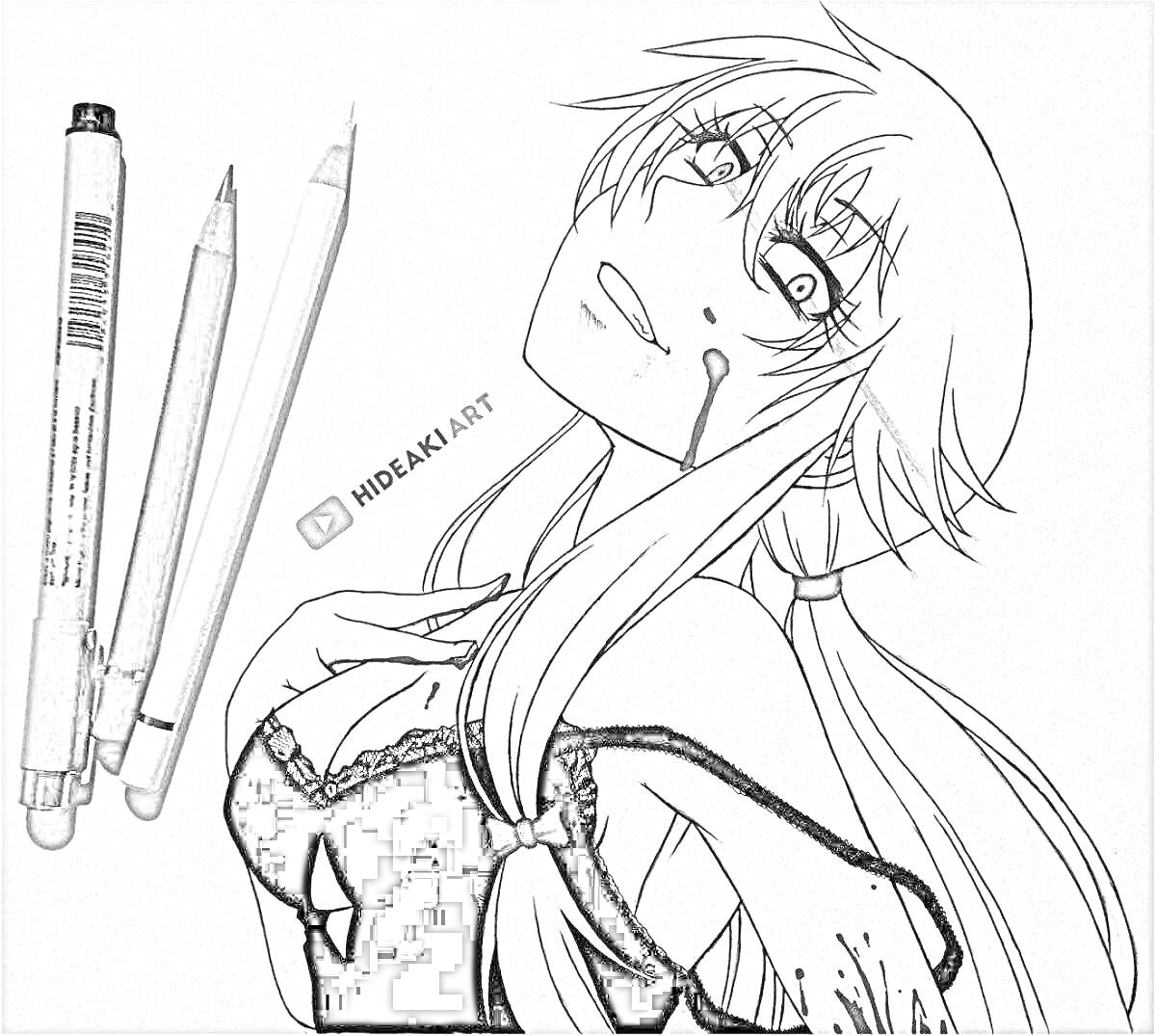 Раскраска Девушка из аниме с длинными волосами и окровавленными руками, рядом лежат три инструмента для рисования (два карандаша и один маркер)