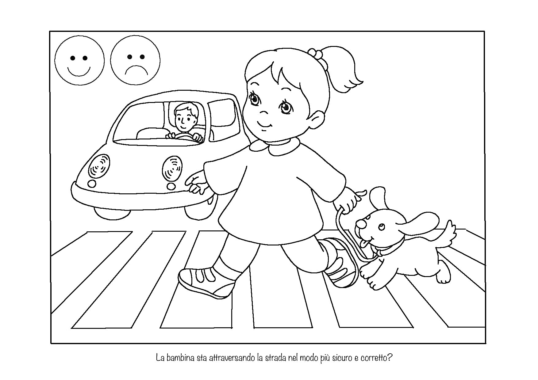 На раскраске изображено: Пдд, Пешеходный переход, Девочка, Игрушечный заяц, Водитель