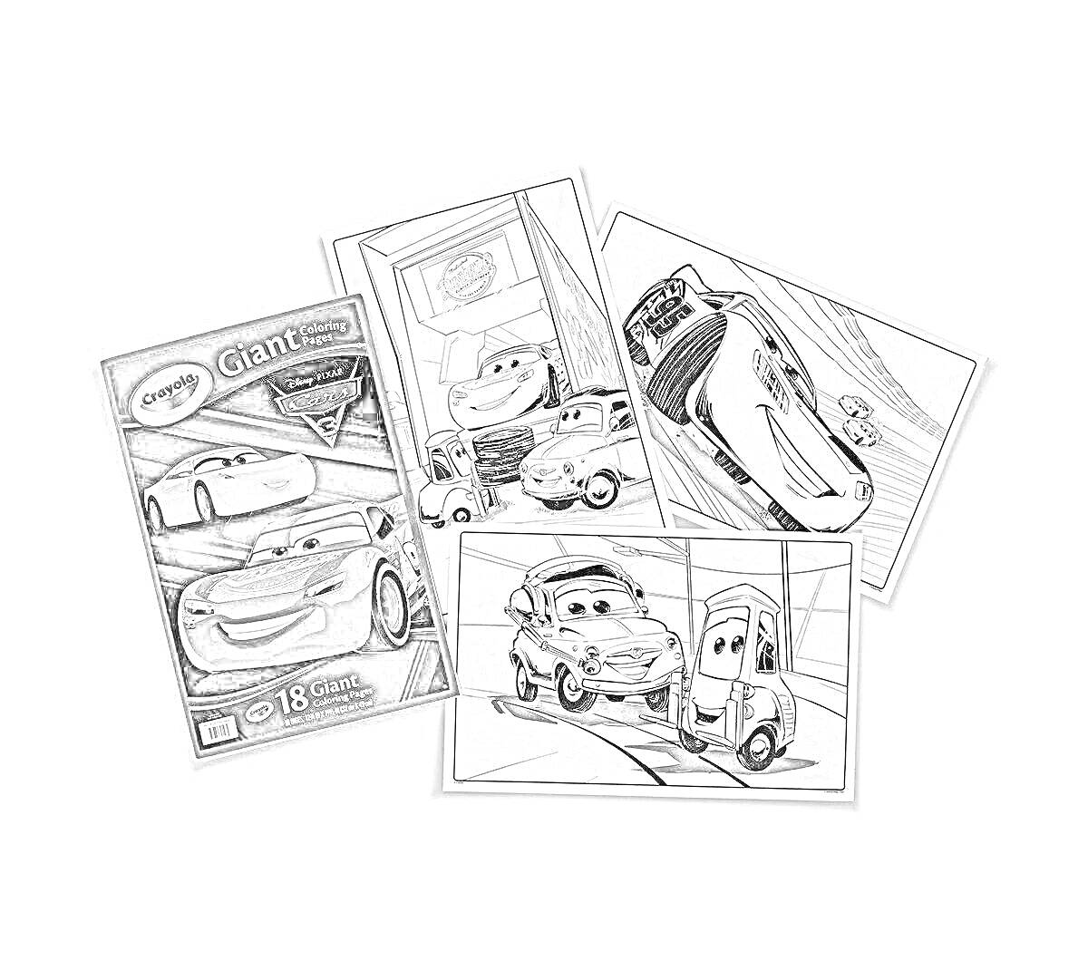 Раскраска Giant Coloring Pages: Super Cars Magazine с изображением машин на гоночной трассе, на парковке и в городе