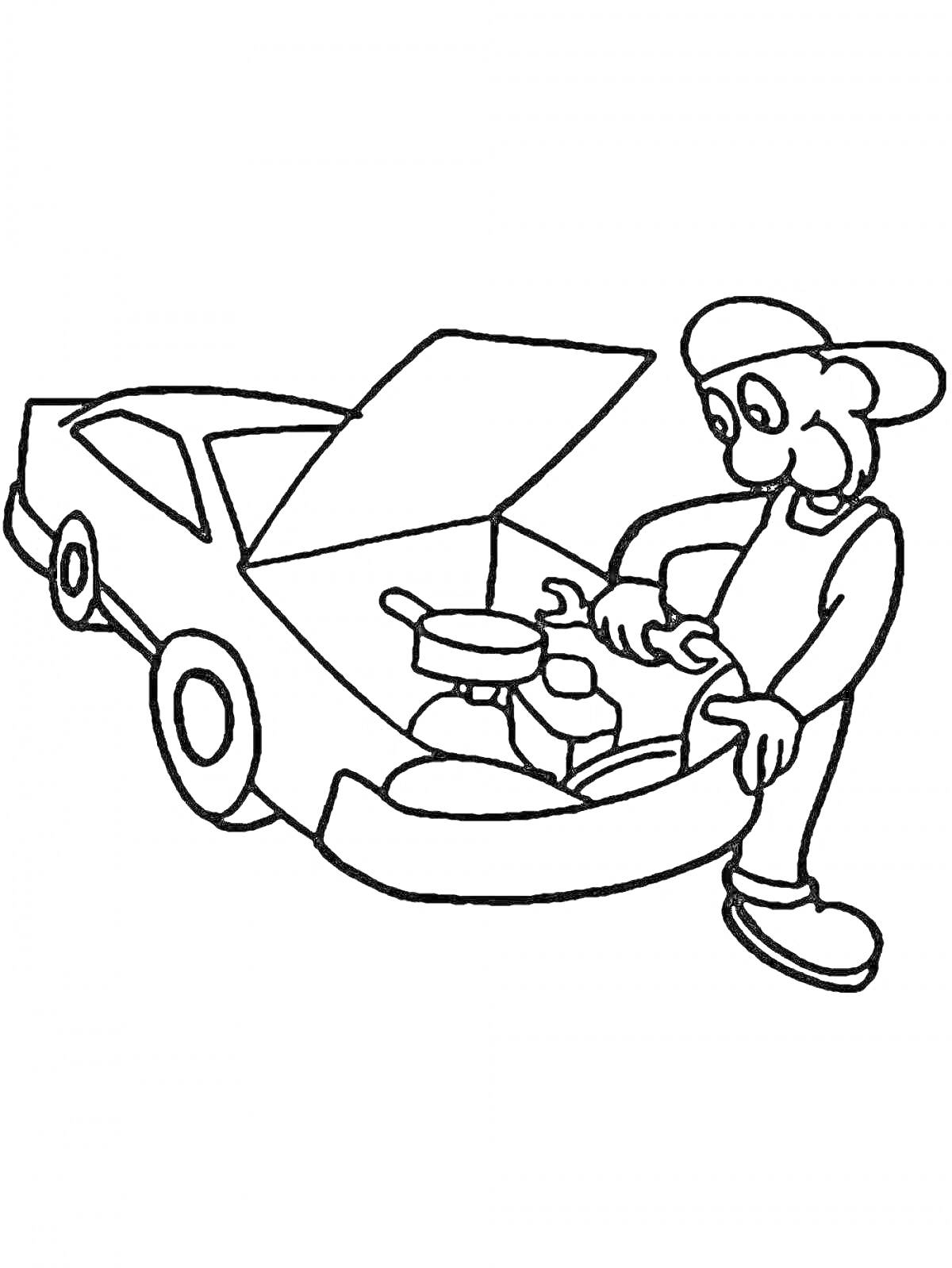 На раскраске изображено: Автомеханик, Ремонт, Открытый капот, Гаечный ключ, Работник