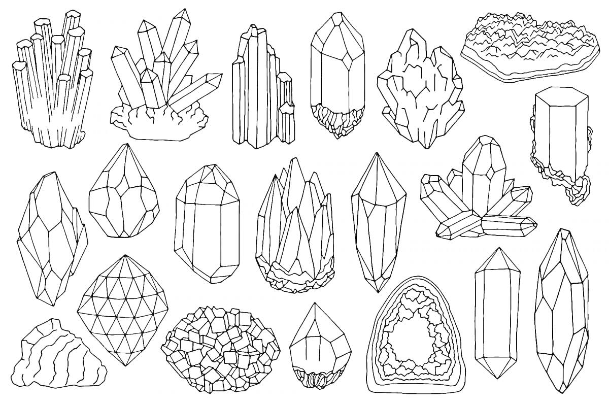 Раскраска Кристаллические образования разной формы и структуры