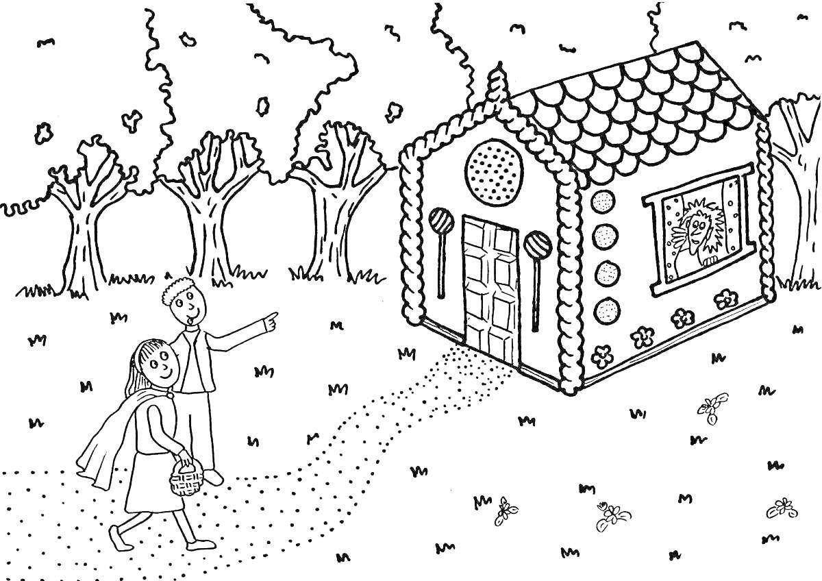 На раскраске изображено: Гензель, Гретель, Пряничный домик, Ведьма, Лес, Деревья, Бабочка
